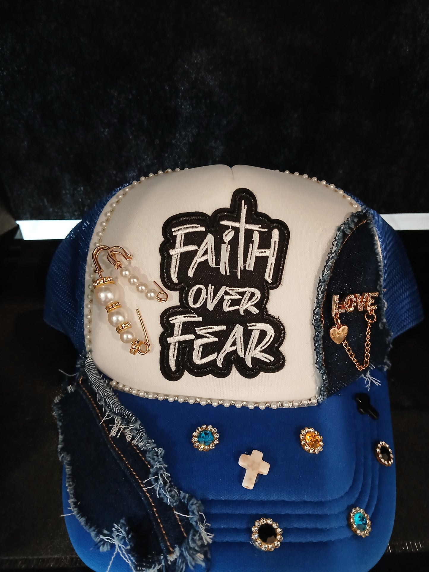 "Faith Over Fear" Bling & Denim Patchwork Trucker Hat