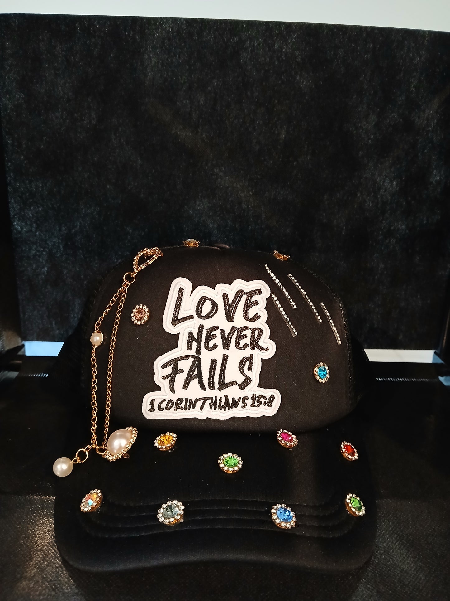 "Love Never Fails" Gemstone &Bling Trucker Hat