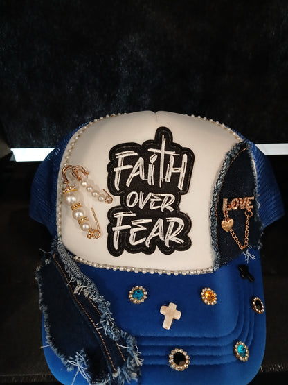 "Faith Over Fear" Bling & Denim Patchwork Trucker Hat