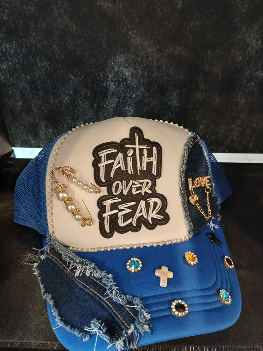 "Faith Over Fear" Bling & Denim Patchwork Trucker Hat