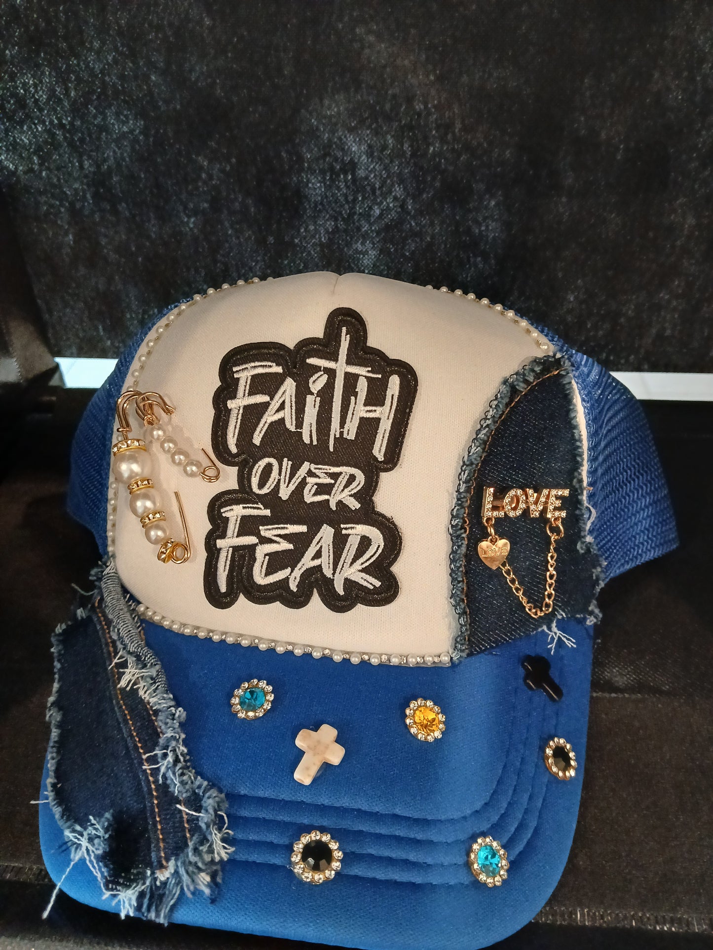 "Faith Over Fear" Bling & Denim Patchwork Trucker Hat