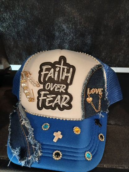 "Faith Over Fear" Bling & Denim Patchwork Trucker Hat